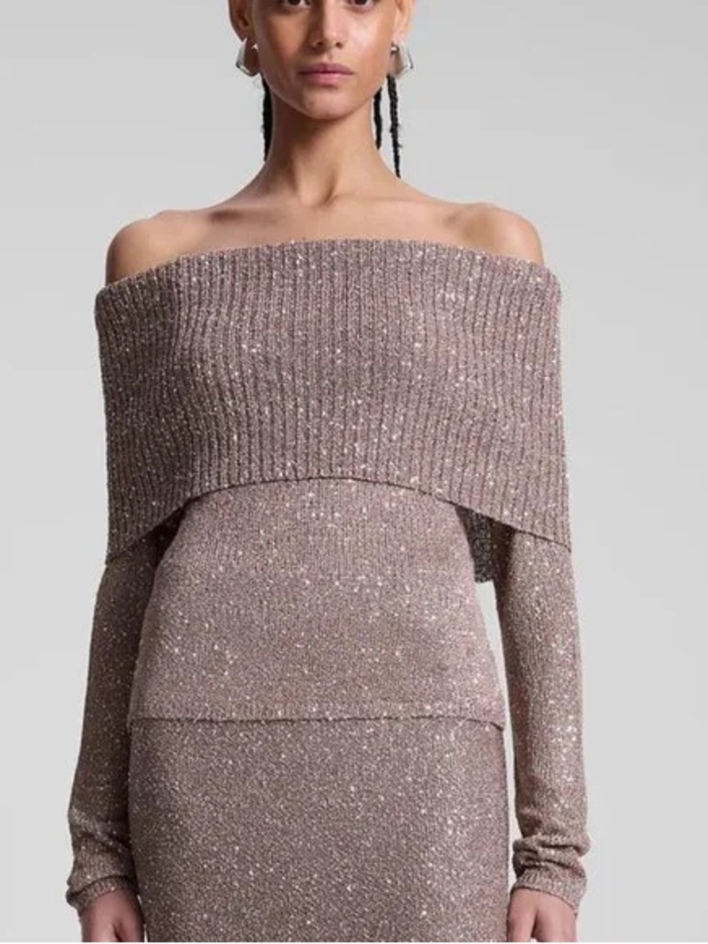 A.L.C. Evelyn Metallic Knit Off Shoulder Top Mauve Nude Sequin XS $450